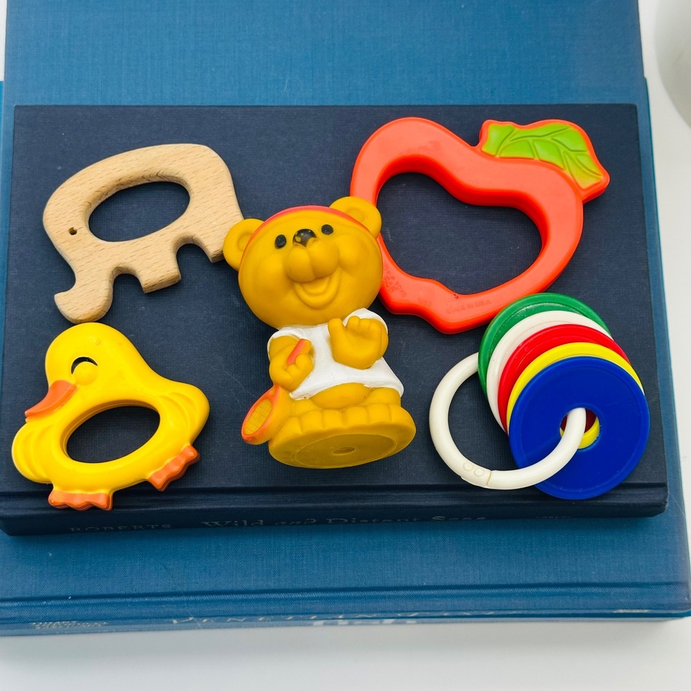 Vintage Baby Toy Lot Tennis Bear Wooden Elephant Duck Rings Rattles